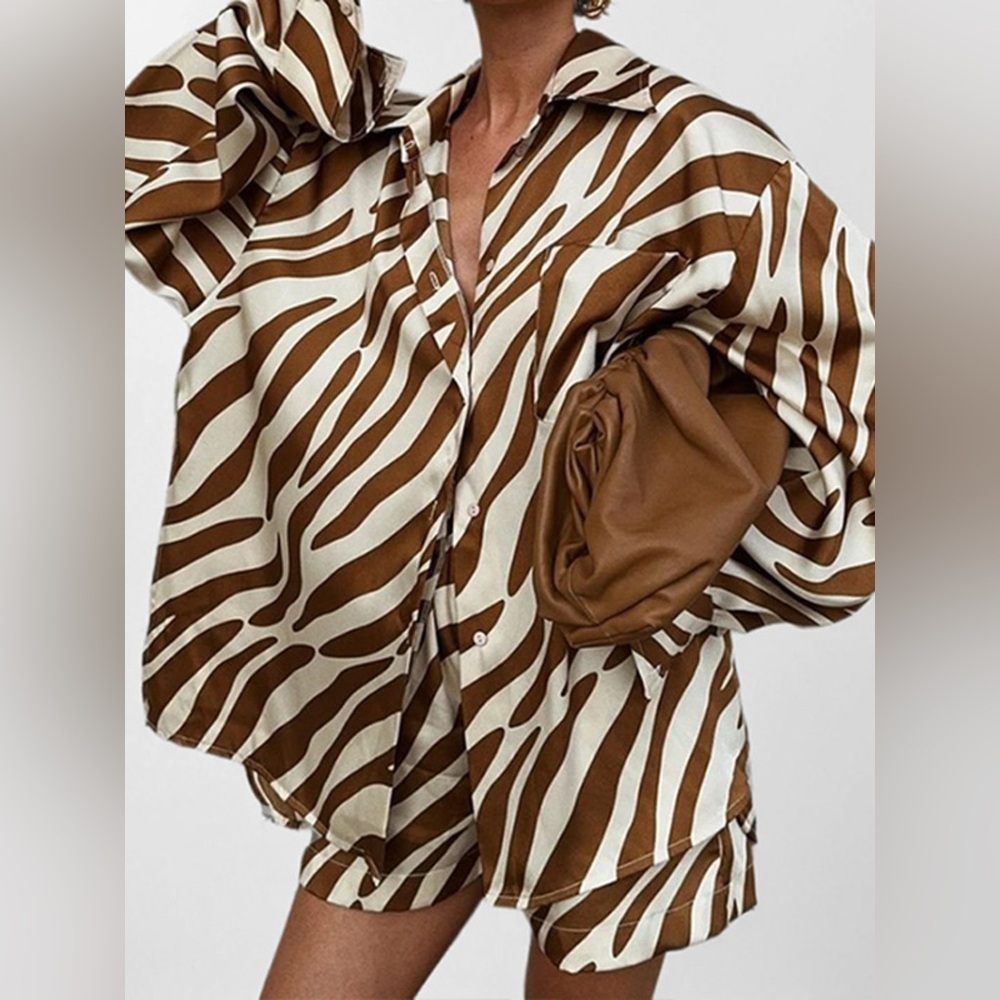 Full Size Zebra Print Shirt and Shorts Matching Set Plus Size